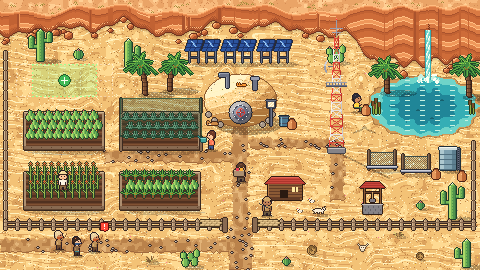 El desierto desde arriba: arena, cactus, palmeras y un oasis.