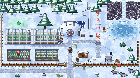 La tundra desde arriba: nieve, invernaderos, un molino y lobos al acecho.
